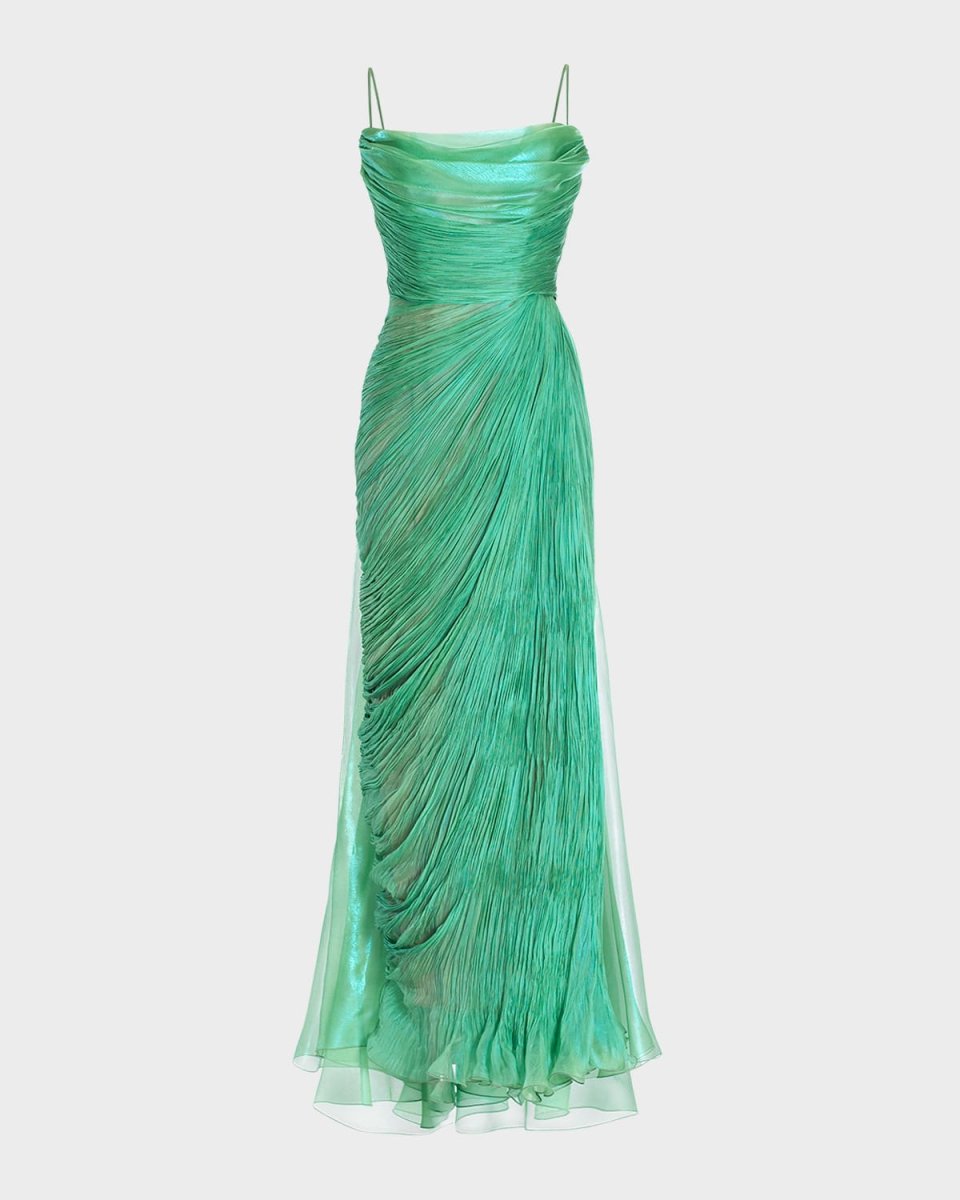 Regina Cowl-Neck Metallic Pleated Silk Gown